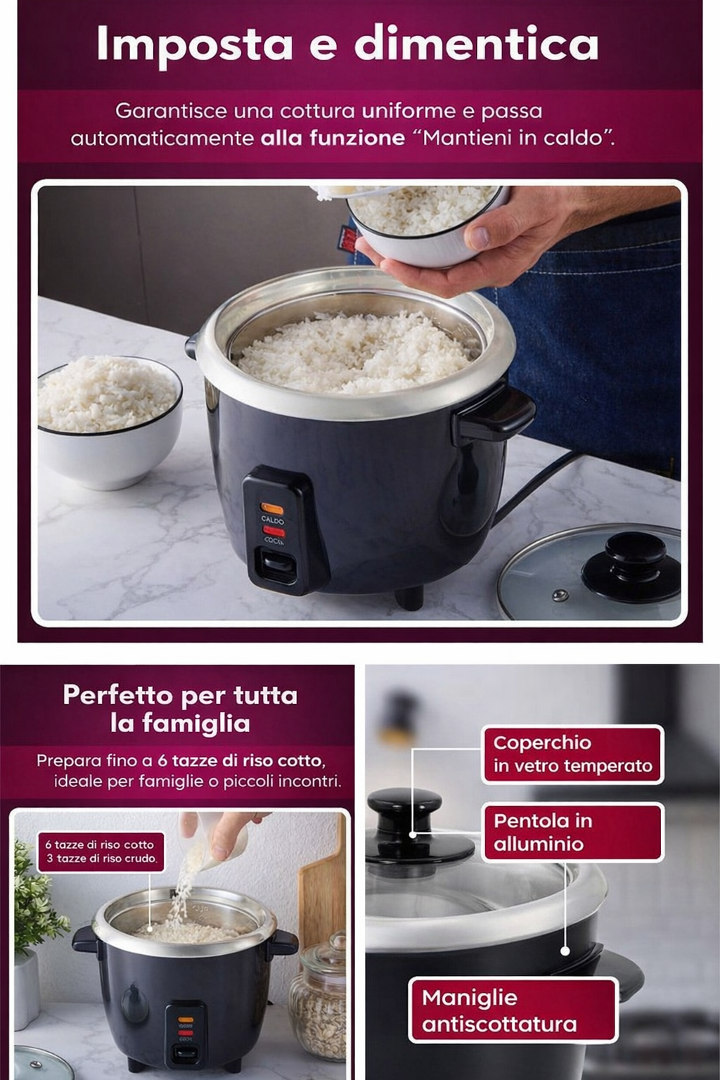 Cuociriso Automatico 6 Tazze con Coperchio in Vetro